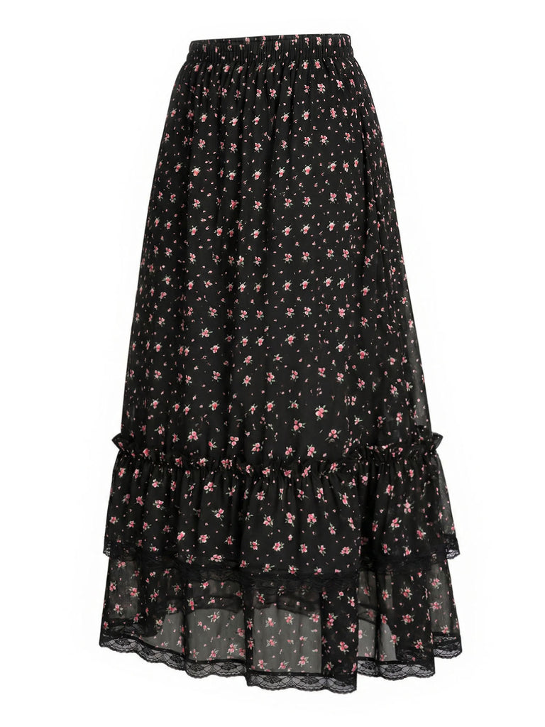 [Prevendita] Gonna a Balze a Piccoli Fiori in Pizzo Nero Anni '50 2