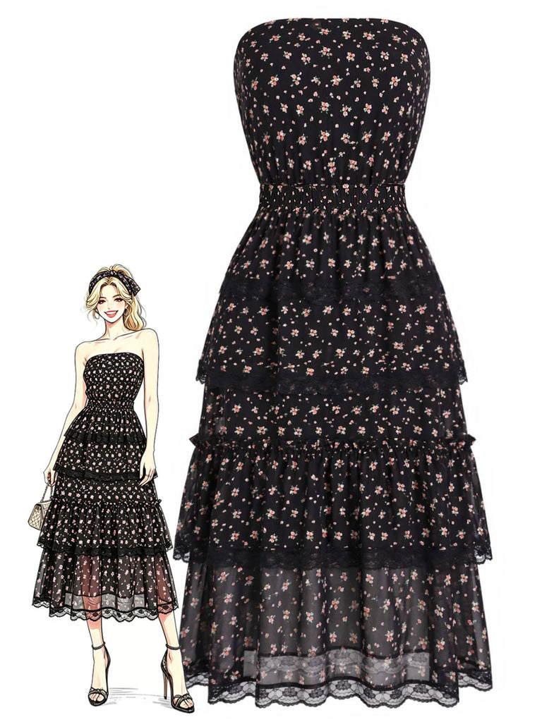 [Prevendita] 3 Pezzi Top a Piccoli Fiori in Pizzo Nero con Gonna Lunga e Gonna Mini Anni '50 3