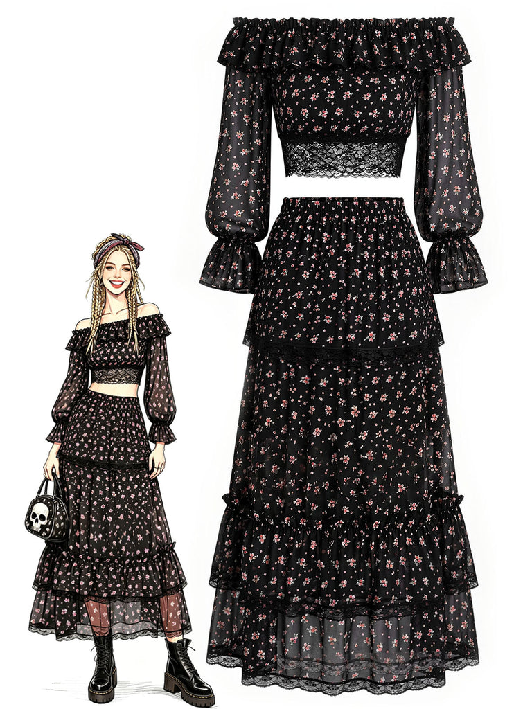[Prevendita] 3 Pezzi Top a Piccoli Fiori in Pizzo Nero con Gonna Lunga e Gonna Mini Anni '50