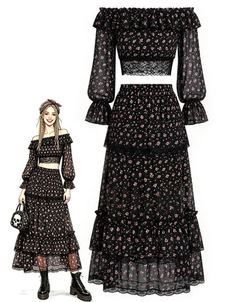 [Prevendita] 3 Pezzi Top a Piccoli Fiori in Pizzo Nero con Gonna Lunga e Gonna Mini Anni '50