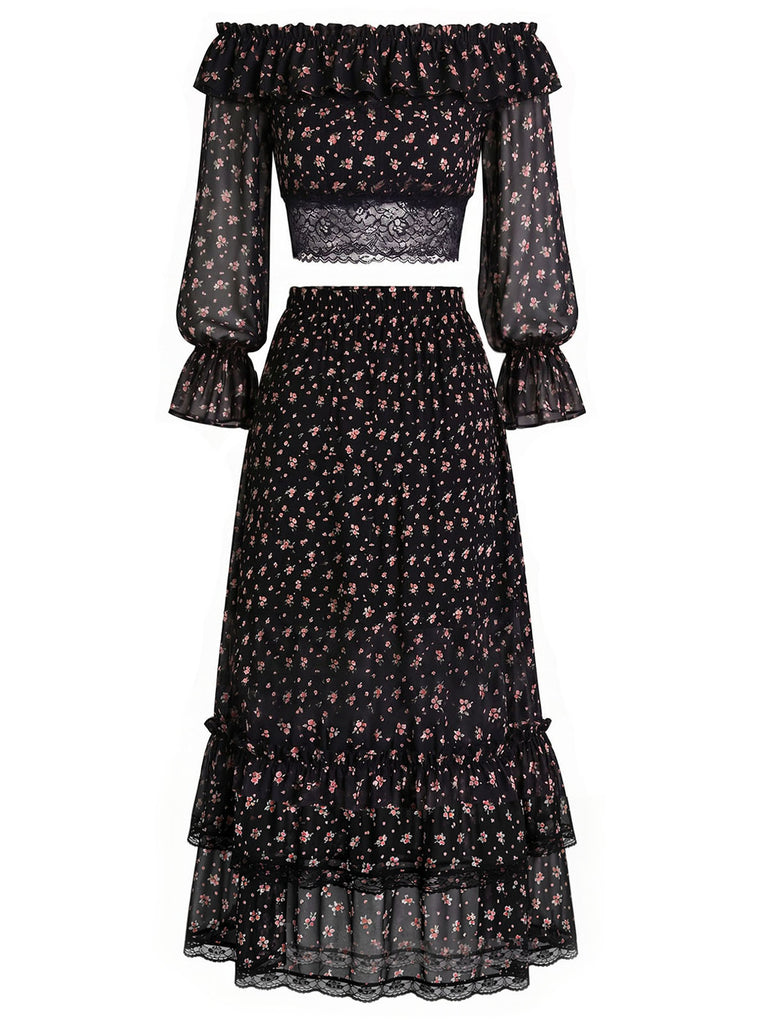 [Prevendita] 3 Pezzi Top a Piccoli Fiori in Pizzo Nero con Gonna Lunga e Gonna Mini Anni '50 5