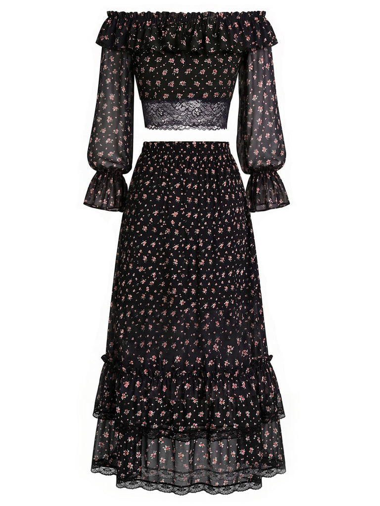 [Prevendita] 3 Pezzi Top a Piccoli Fiori in Pizzo Nero con Gonna Lunga e Gonna Mini Anni '50 6