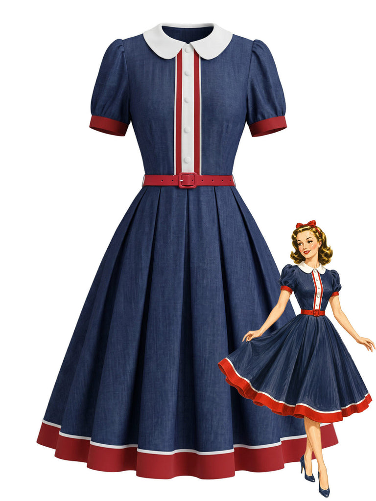 [Prevendita] Abito a Ruota Rosso e Blu e Bianco Anni '50 Colletto Peter Pan Maniche a Sbuffo