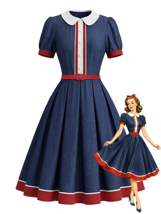[Prevendita] Abito a Ruota Rosso e Blu e Bianco Anni '50 Colletto Peter Pan Maniche a Sbuffo