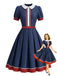 [Prevendita] Abito a Ruota Rosso e Blu e Bianco Anni '50 Colletto Peter Pan Maniche a Sbuffo