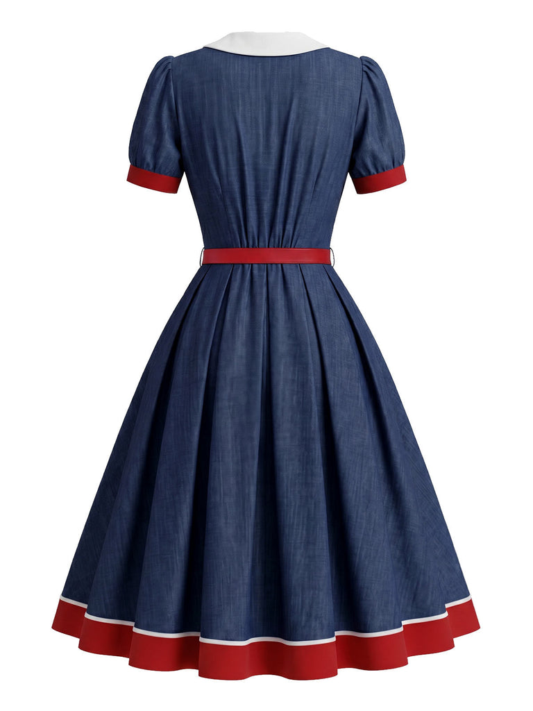 [Prevendita] Abito a Ruota Rosso e Blu e Bianco Anni '50 Colletto Peter Pan Maniche a Sbuffo 4