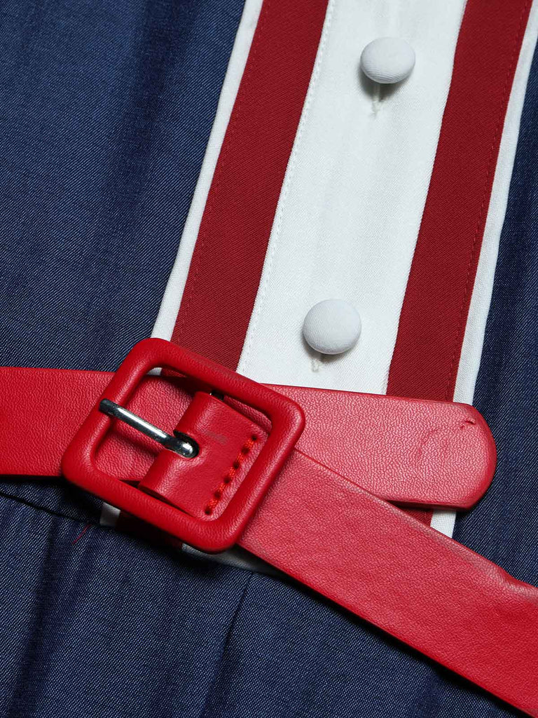 [Prevendita] Abito a Ruota Rosso e Blu e Bianco Anni '50 Colletto Peter Pan Maniche a Sbuffo 6