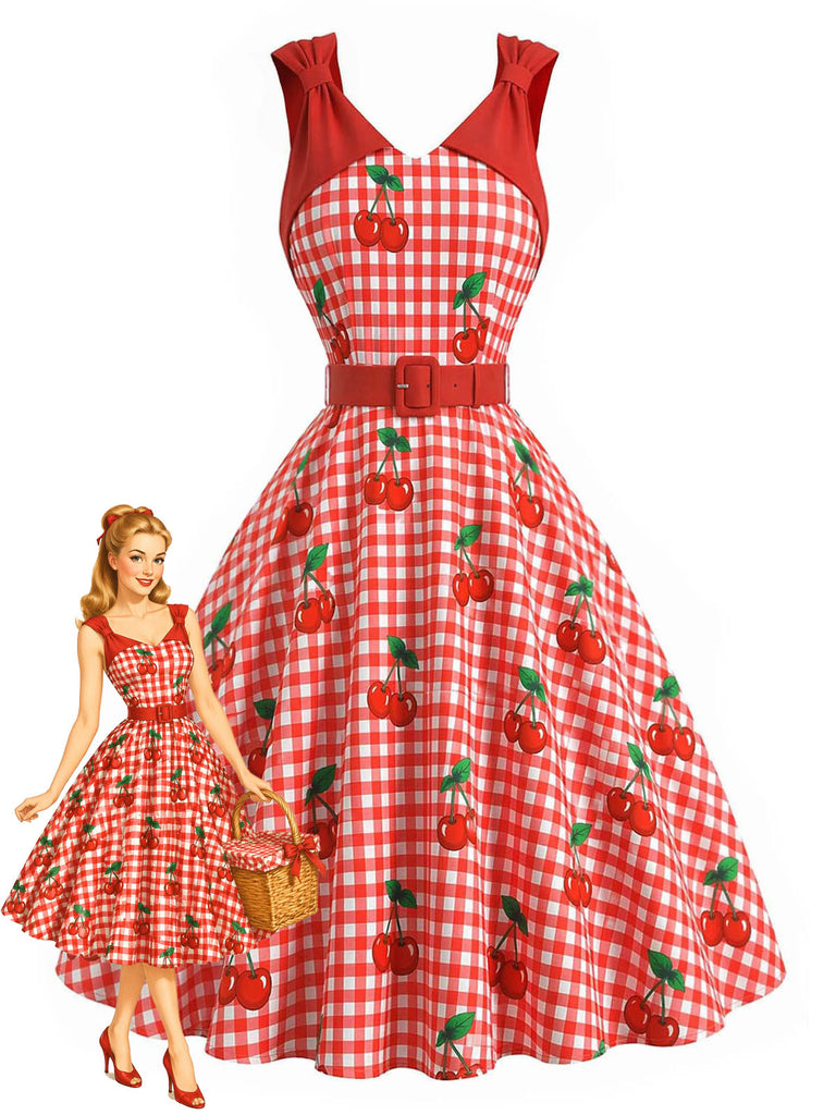 [Prevendita] Abito a Ruota Rosso Anni '50 Vichy Cherry Print con con Fiocco Straps