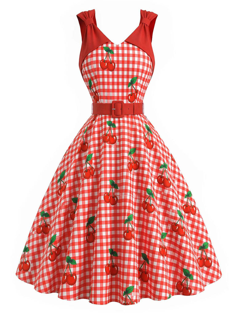 [Prevendita] Abito a Ruota Rosso Anni '50 Vichy Cherry Print con con Fiocco Straps 2