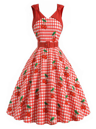 [Prevendita] Abito a Ruota Rosso Anni '50 Vichy Cherry Print con con Fiocco Straps 2