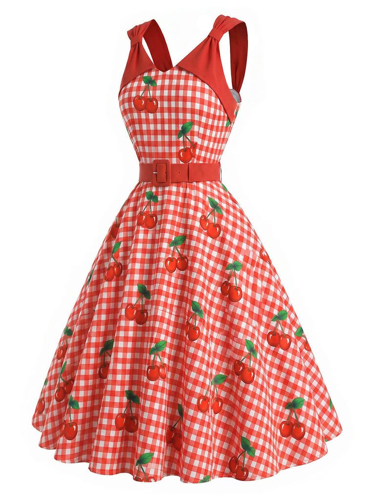 [Prevendita] Abito a Ruota Rosso Anni '50 Vichy Cherry Print con con Fiocco Straps 3