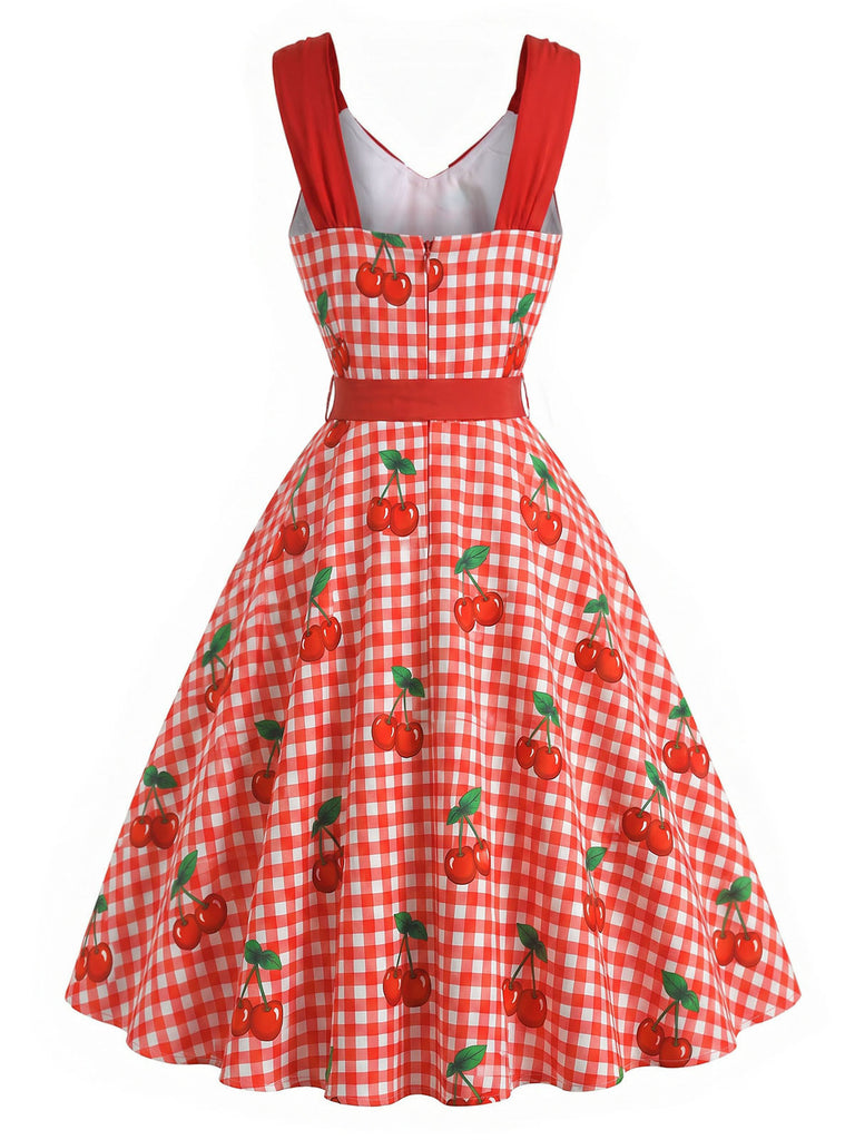 [Prevendita] Abito a Ruota Rosso Anni '50 Vichy Cherry Print con con Fiocco Straps 4