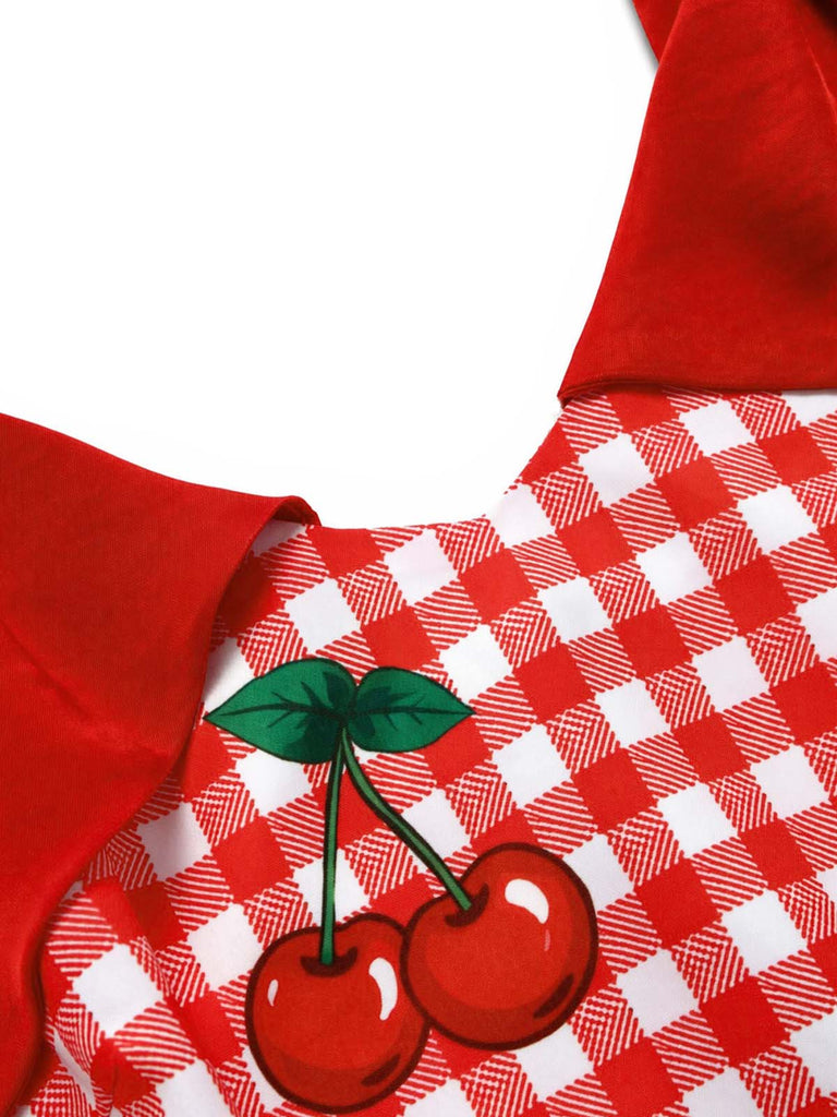 [Prevendita] Abito a Ruota Rosso Anni '50 Vichy Cherry Print con con Fiocco Straps 5