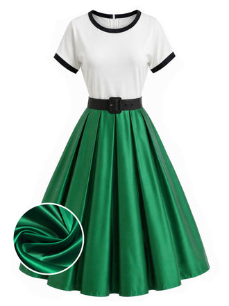 [Prevendita] Abito Verde e Bianco Anni '50 in Raso con Cintura Plissettato Rockabilly