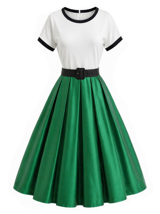 [Prevendita] Abito Verde e Bianco Anni '50 in Raso con Cintura Plissettato Rockabilly 2