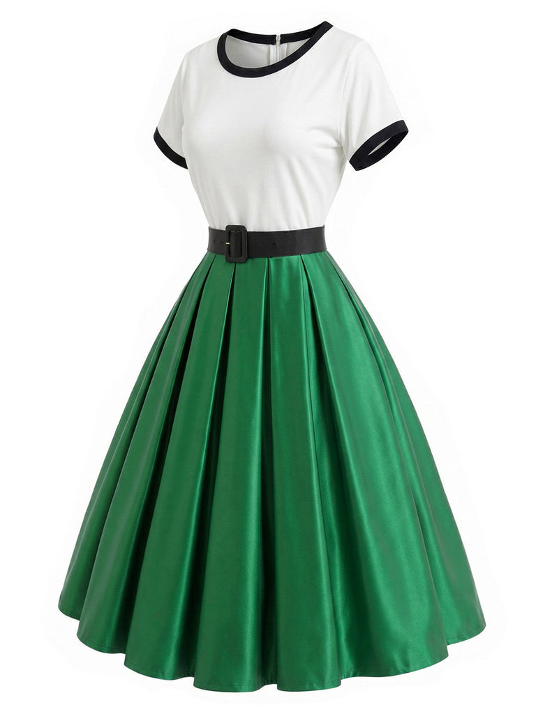 [Prevendita] Abito Verde e Bianco Anni '50 in Raso con Cintura Plissettato Rockabilly 3