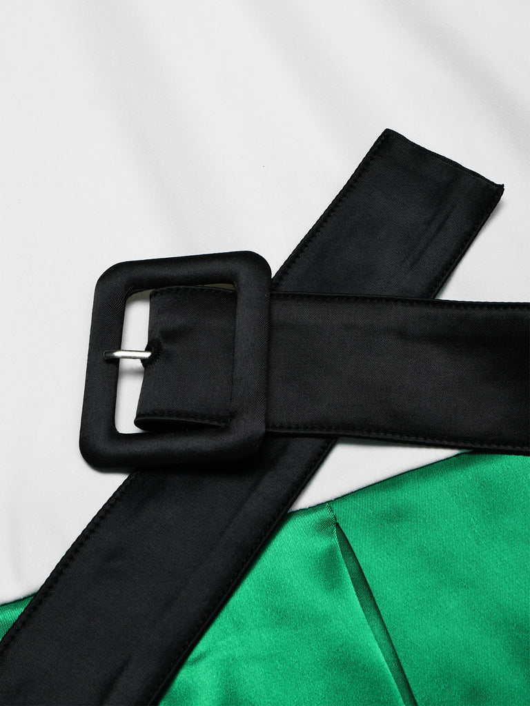 [Prevendita] Abito Verde e Bianco Anni '50 in Raso con Cintura Plissettato Rockabilly 5