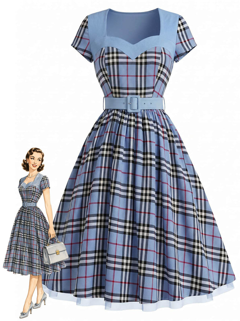 [Prevendita] Abito Multicolore Anni '40 a Quadri con Cintura Scollo a Cuore Patchwork