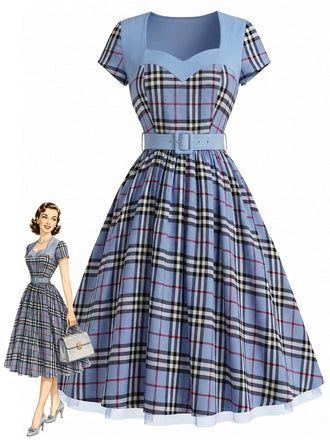 [Prevendita] Abito Multicolore Anni '40 a Quadri con Cintura Scollo a Cuore Patchwork