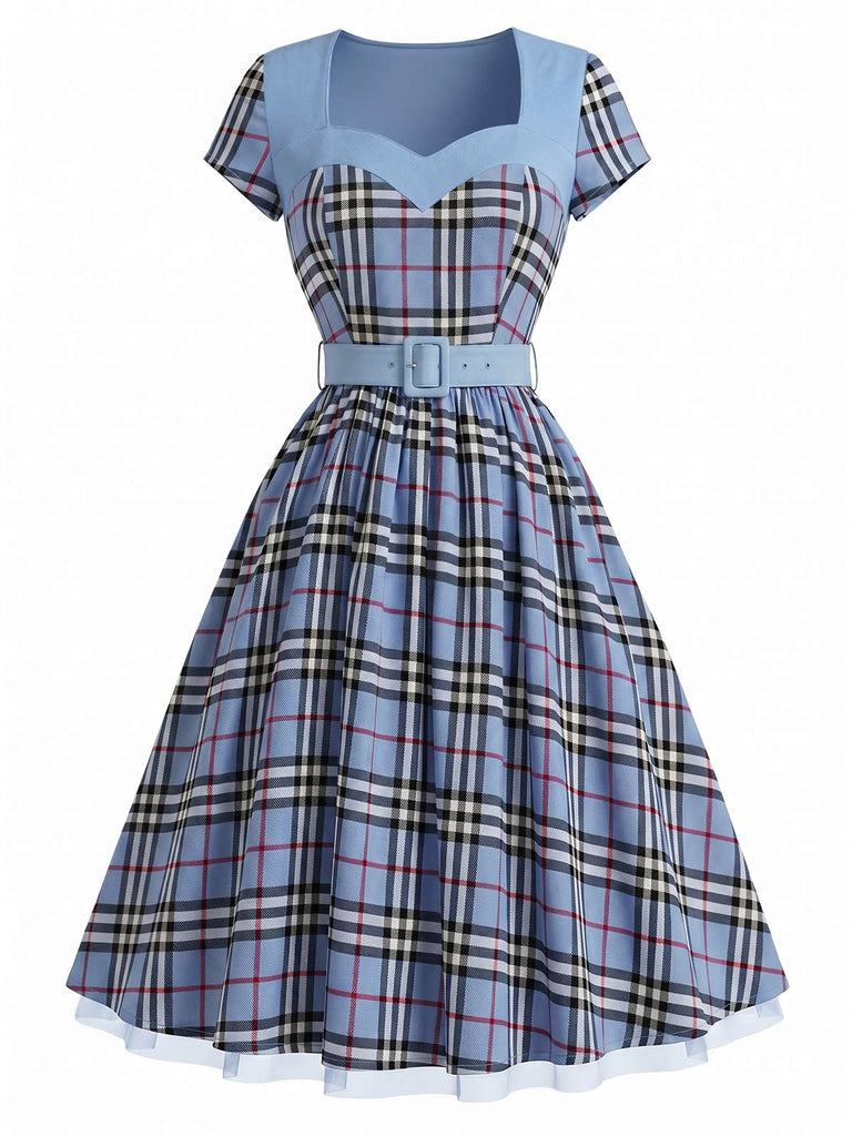[Prevendita] Abito Multicolore Anni '40 a Quadri con Cintura Scollo a Cuore Patchwork 2