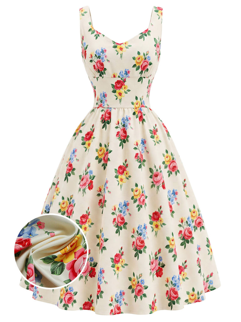 [Prevendita] 2PCS Abito Crema Anni '40 Floreale Print Scollo Quadrato 4