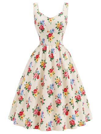 [Prevendita] 2PCS Abito Crema Anni '40 Floreale Print Scollo Quadrato 5