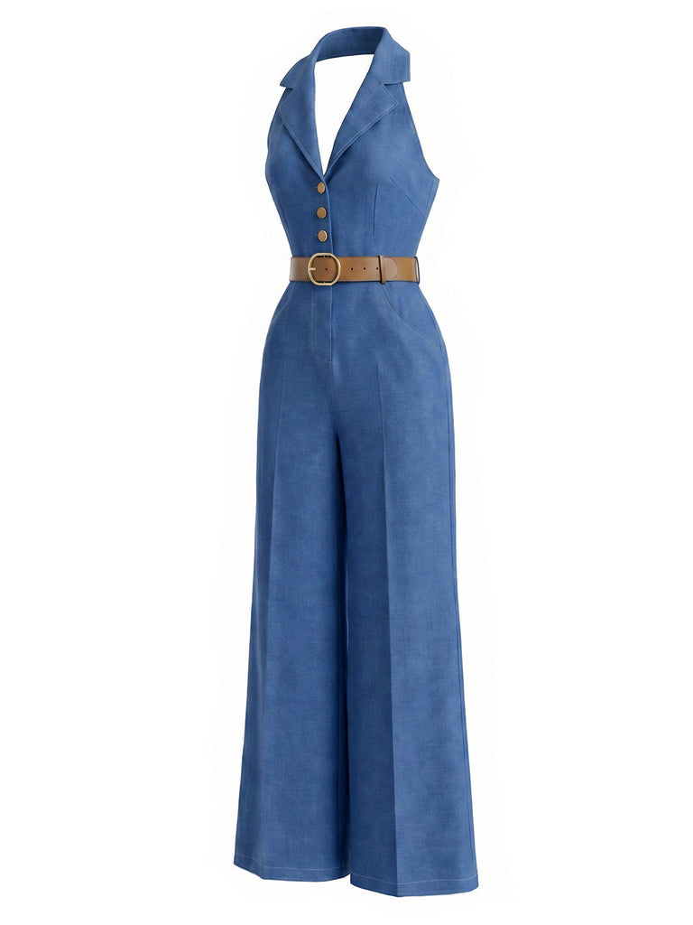 [Prevendita] Tuta Lunga Blu Scuro Anni '70 Revers con Bottoni Frontali con Cintura in Denim 3