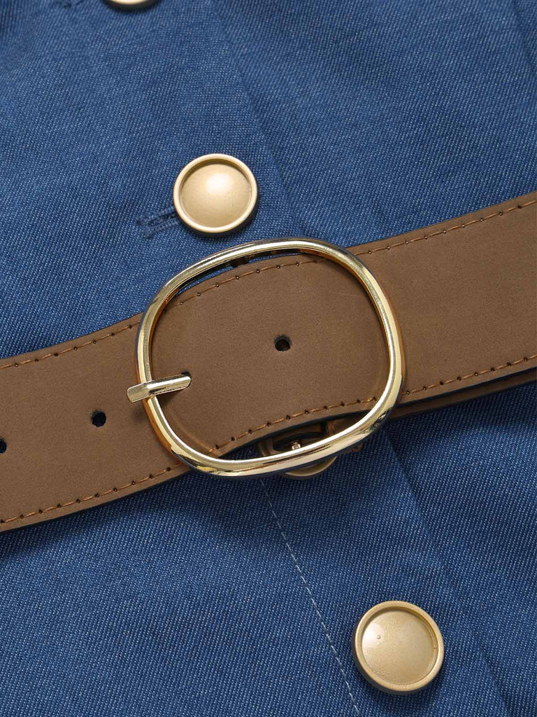 [Prevendita] Tuta Lunga Blu Scuro Anni '70 Revers con Bottoni Frontali con Cintura in Denim 6