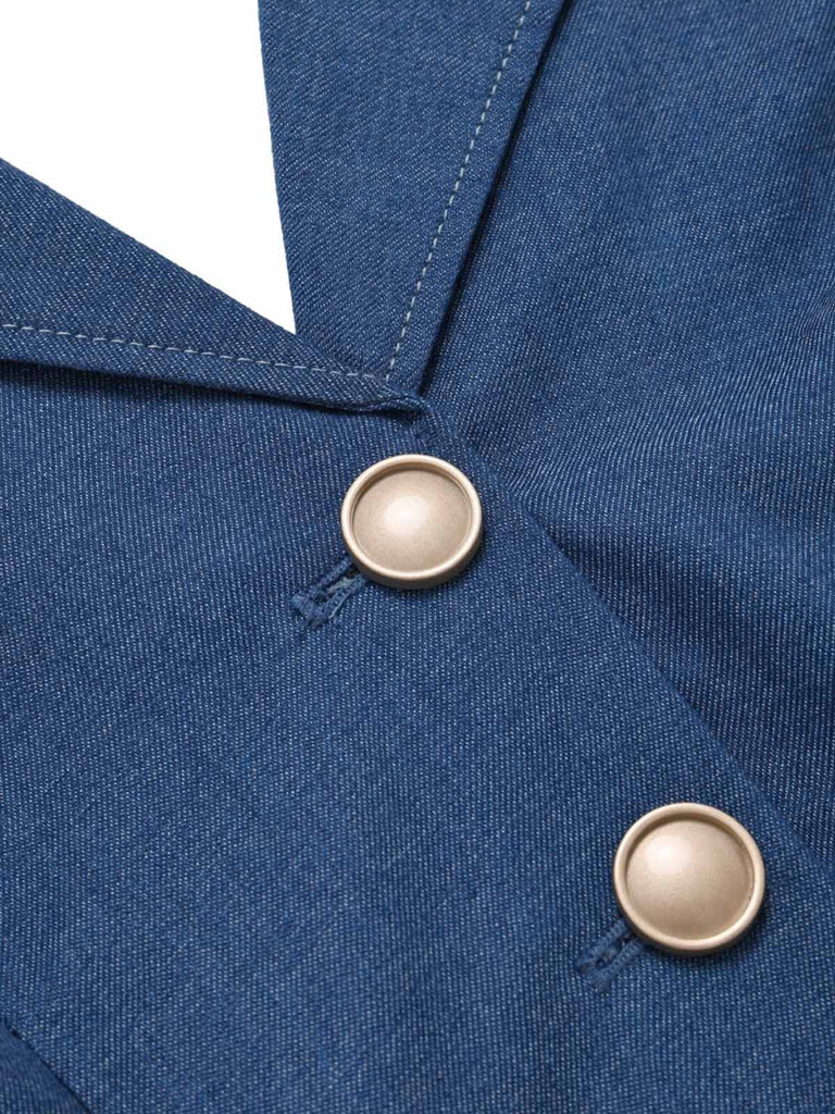 [Prevendita] Tuta Lunga Blu Scuro Anni '70 Revers con Bottoni Frontali con Cintura in Denim 7