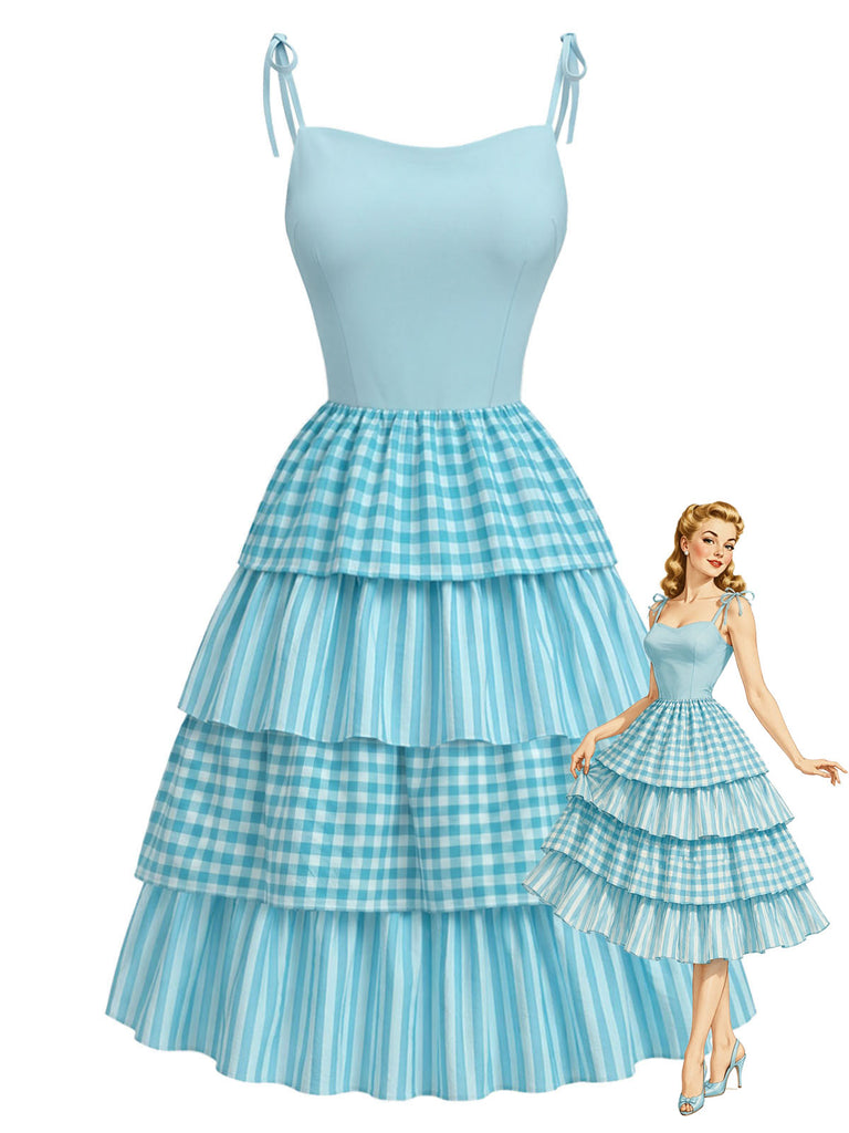 [Prevendita] Abito Blu a Balze in Cotone a Quadretti e Righe con Spalline Annodate Anni '50