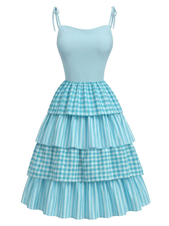 [Prevendita] Abito Blu a Balze in Cotone a Quadretti e Righe con Spalline Annodate Anni '50 2