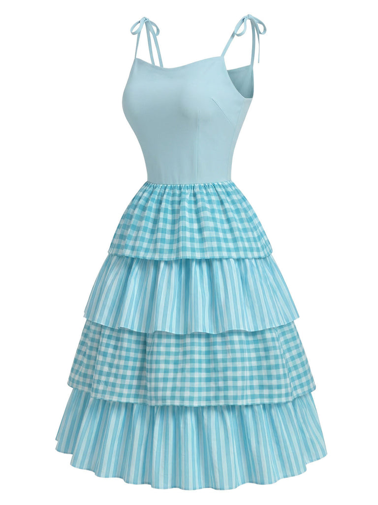 [Prevendita] Abito Blu a Balze in Cotone a Quadretti e Righe con Spalline Annodate Anni '50 3