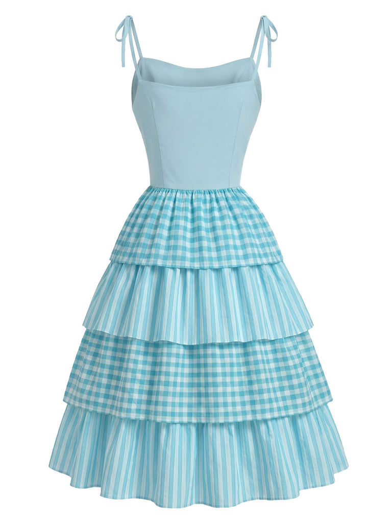[Prevendita] Abito Blu a Balze in Cotone a Quadretti e Righe con Spalline Annodate Anni '50 4