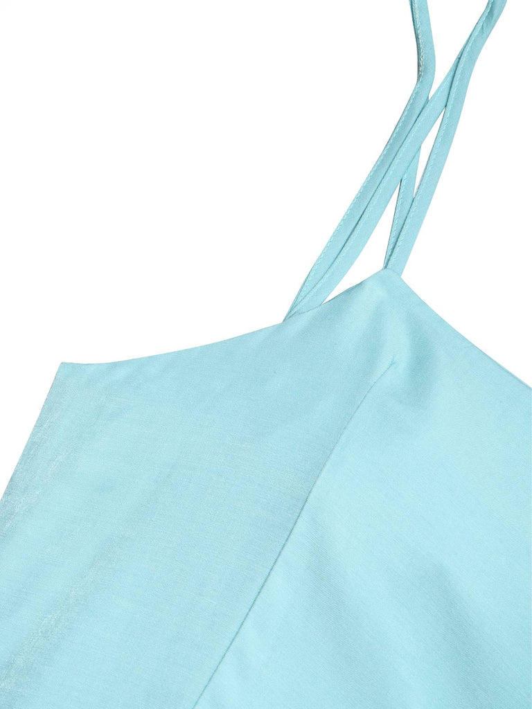 [Prevendita] Abito Blu a Balze in Cotone a Quadretti e Righe con Spalline Annodate Anni '50 6