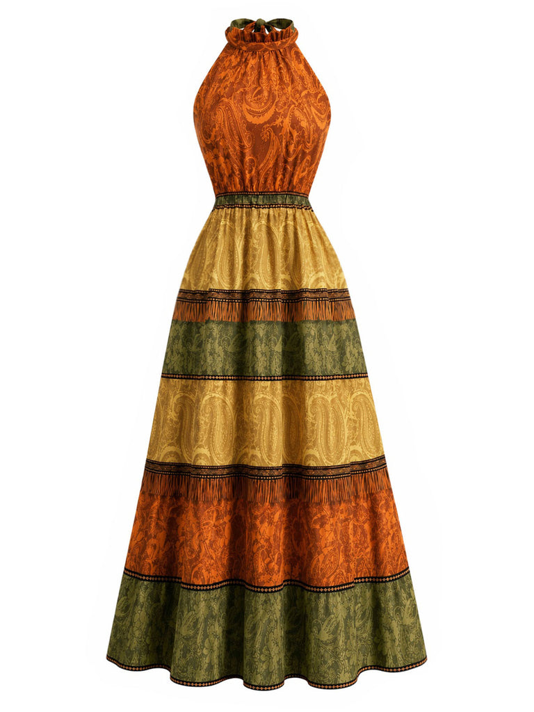 [Prevendita] Abito Mustard Anni '70 Paisley Stampa Colorblock con Scollo all'Americana a Balze con Volant 2