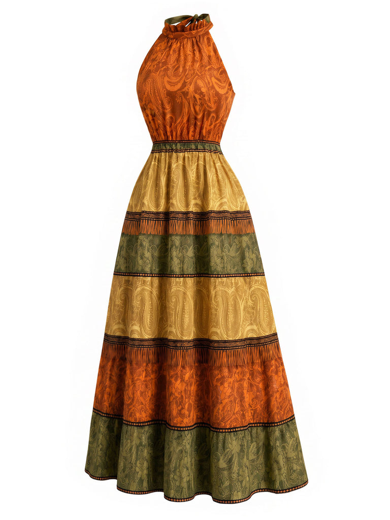 [Prevendita] Abito Mustard Anni '70 Paisley Stampa Colorblock con Scollo all'Americana a Balze con Volant 3