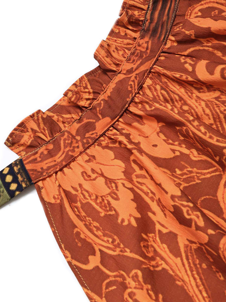 [Prevendita] Abito Mustard Anni '70 Paisley Stampa Colorblock con Scollo all'Americana a Balze con Volant 5
