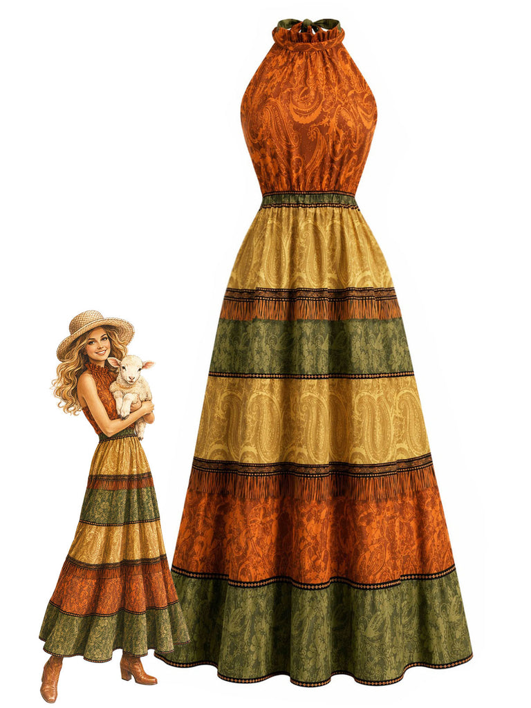 [Prevendita] Abito Mustard Anni '70 Paisley Stampa Colorblock con Scollo all'Americana a Balze con Volant