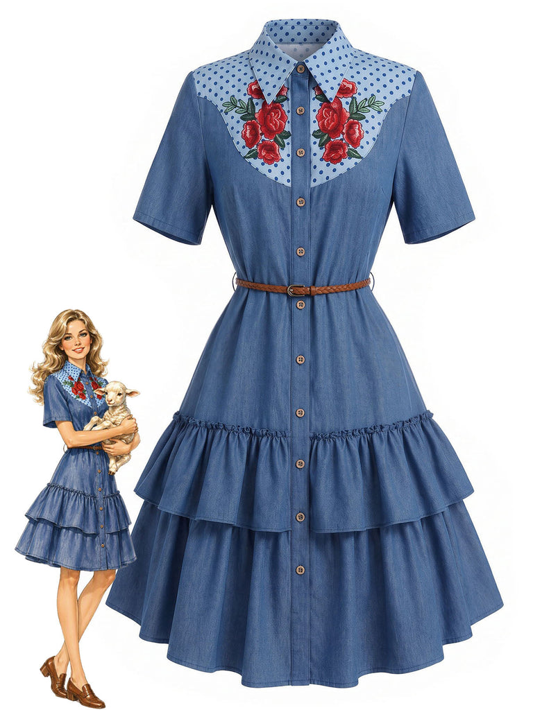 [Prevendita] Abito Blu Scuro Anni '60 Rose a Balze con Volant in Denim Western