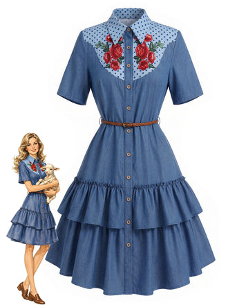 [Prevendita] Abito Blu Scuro Anni '60 Rose a Balze con Volant in Denim Western