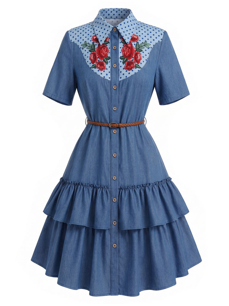 [Prevendita] Abito Blu Scuro Anni '60 Rose a Balze con Volant in Denim Western 2