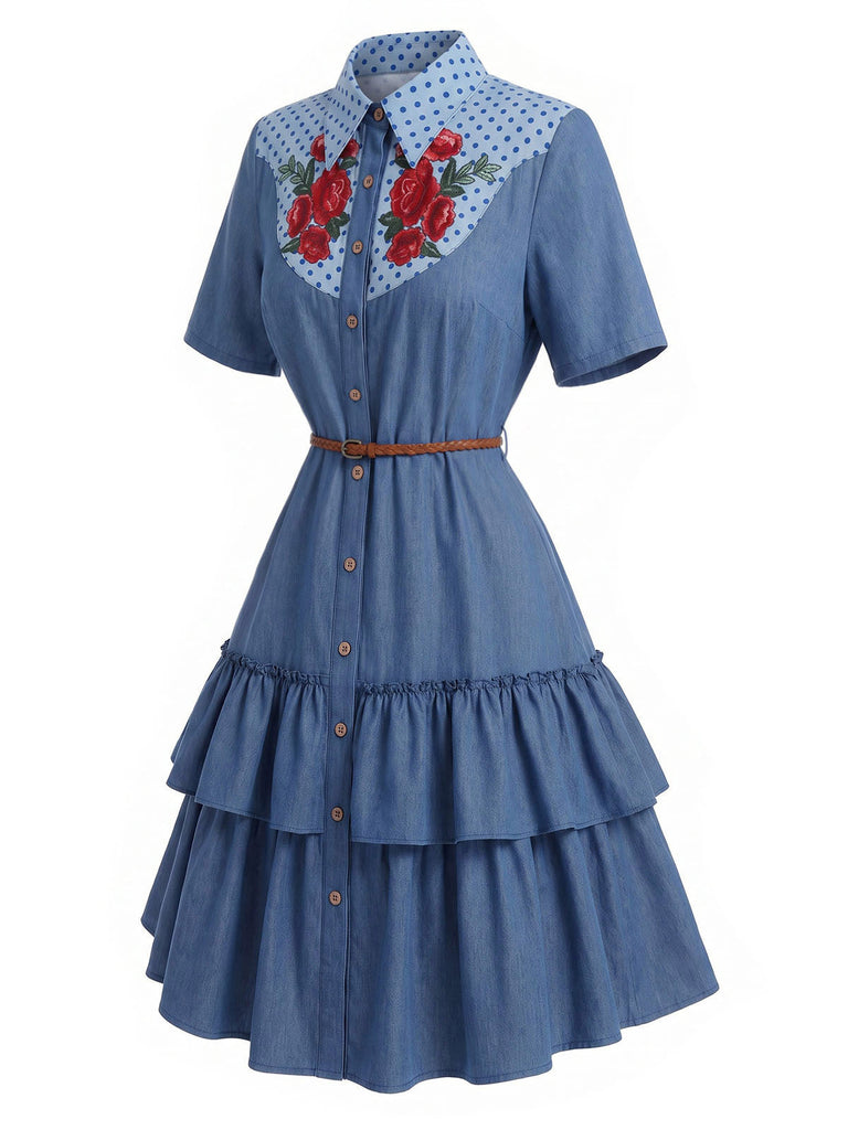 [Prevendita] Abito Blu Scuro Anni '60 Rose a Balze con Volant in Denim Western 3