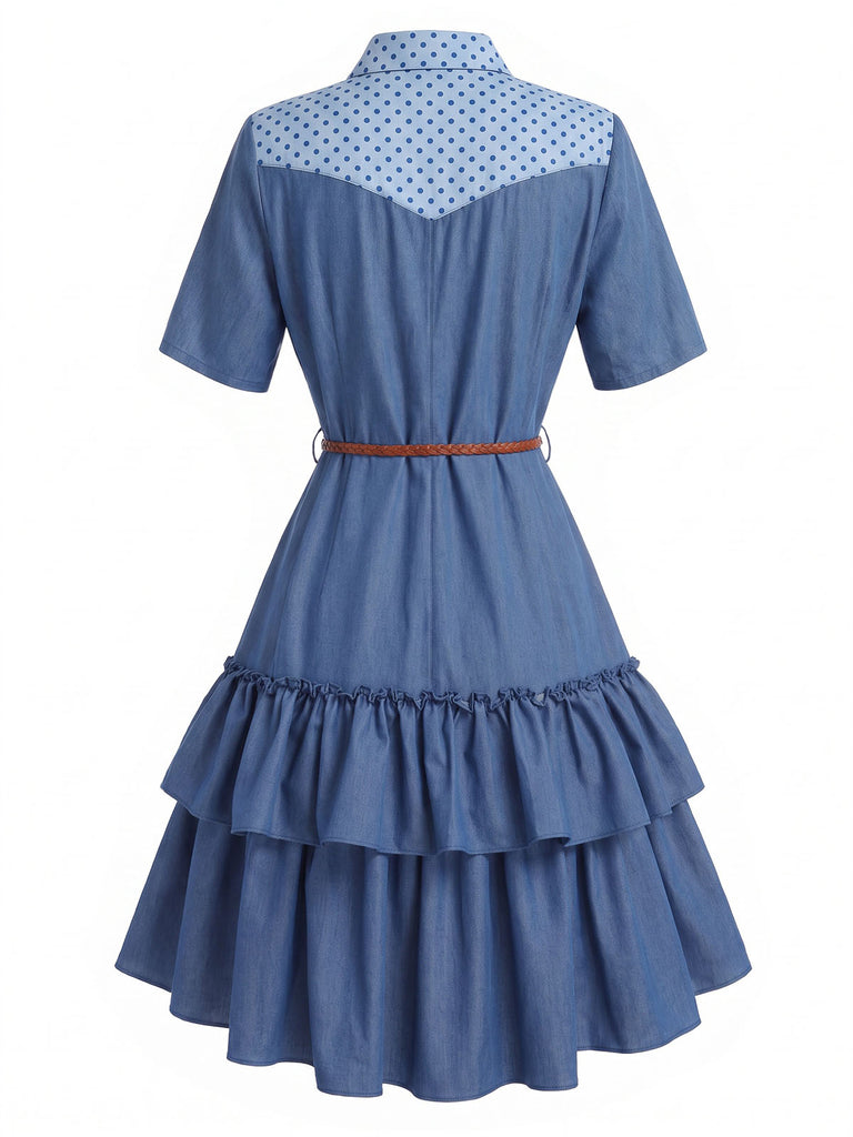 [Prevendita] Abito Blu Scuro Anni '60 Rose a Balze con Volant in Denim Western 4