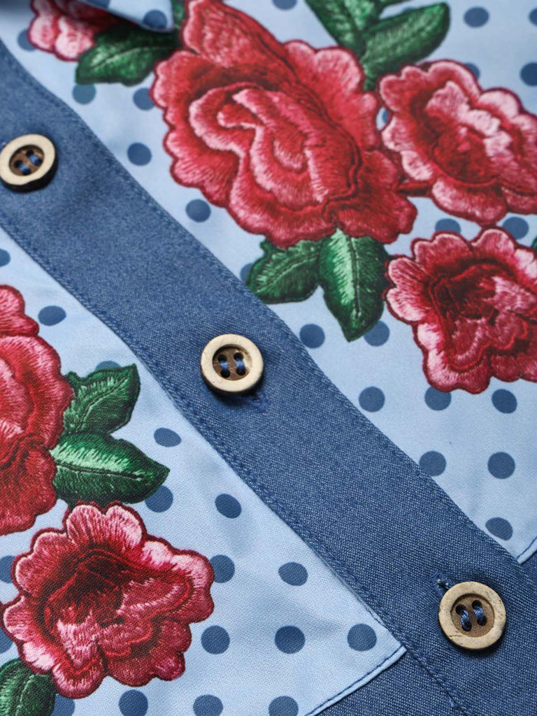 [Prevendita] Abito Blu Scuro Anni '60 Rose a Balze con Volant in Denim Western 6