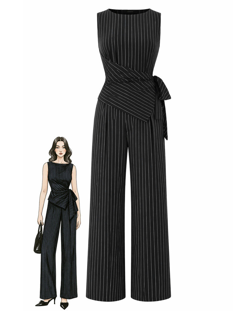 [Prevendita] Pantaloni Nero e Bianco Anni '30 in Maglia Gessato Asimmetrico Top e a Gamba Larga