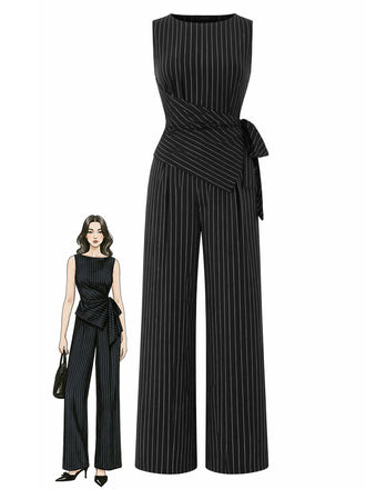 [Prevendita] Pantaloni Nero e Bianco Anni '30 in Maglia Gessato Asimmetrico Top e a Gamba Larga