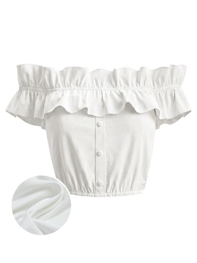 [Prevendita] Crop Top Bianco Anni '50 Spalle Scoperte con Volant