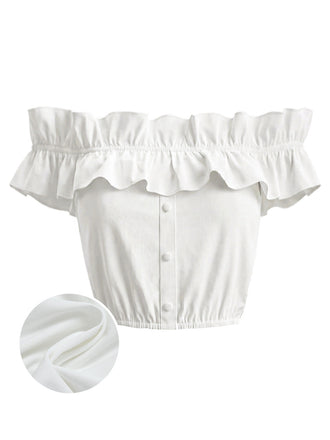 [Prevendita] Crop Top Bianco Anni '50 Spalle Scoperte con Volant