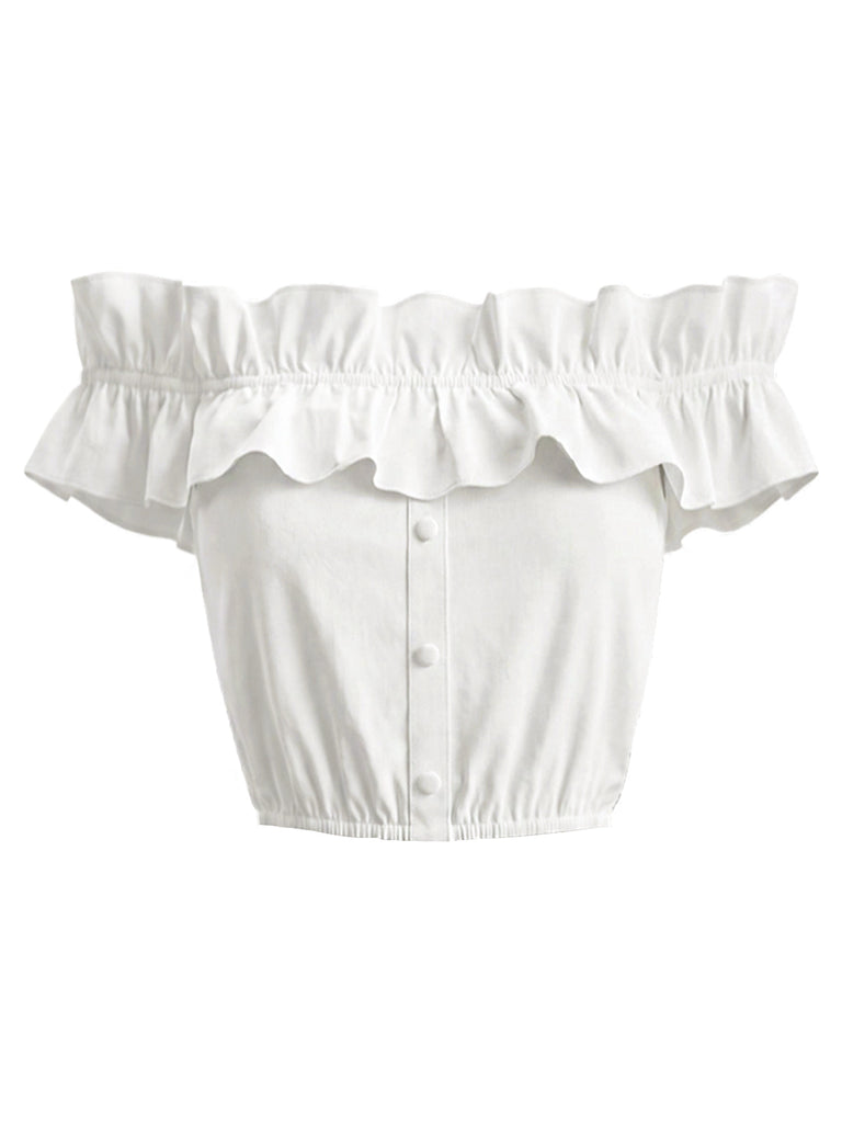 [Prevendita] Crop Top Bianco Anni '50 Spalle Scoperte con Volant 2