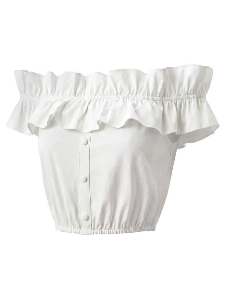 [Prevendita] Crop Top Bianco Anni '50 Spalle Scoperte con Volant 3